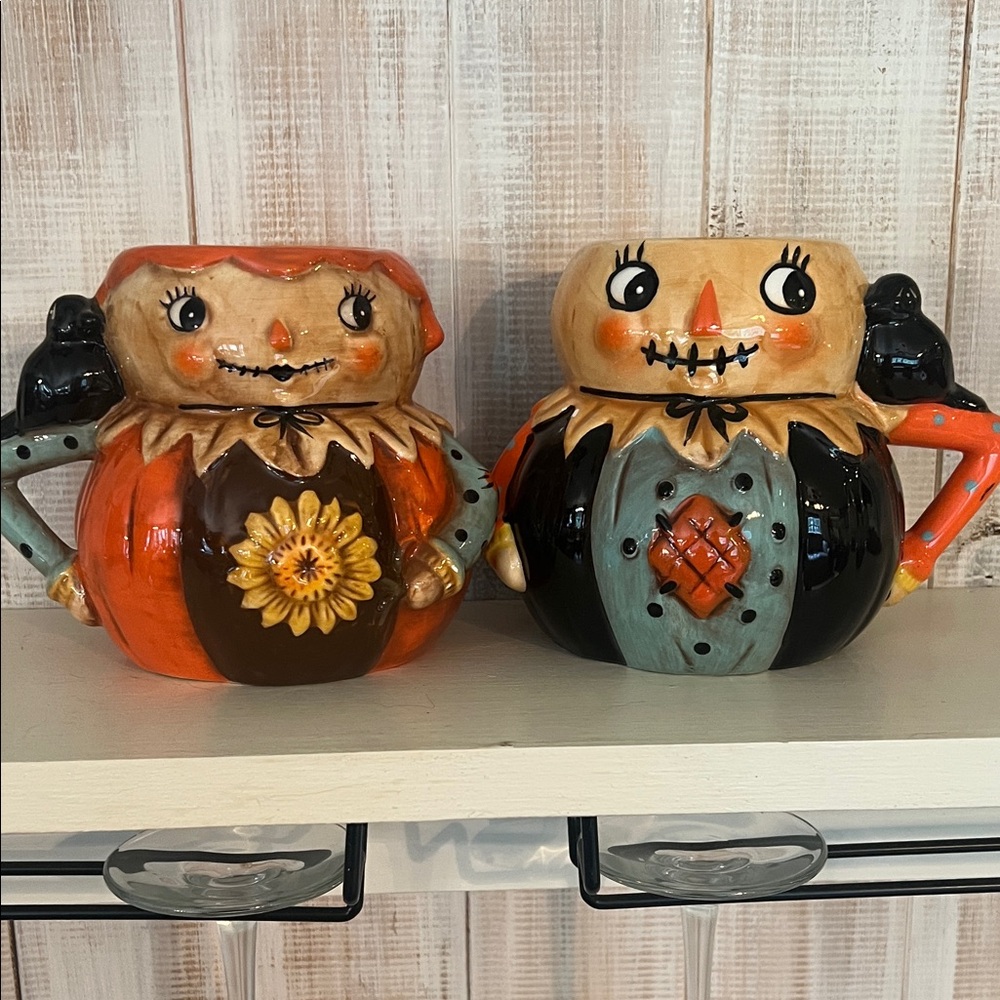 Scarecrow Mugs with Crow‎ Detail Vintage Fall Halloween Decoration Set
